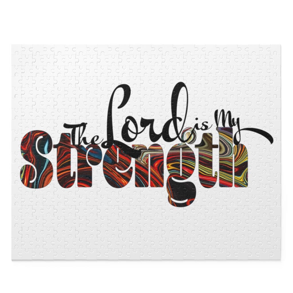 Christian Word Art jigsaw puzzle featuring 'The Lord is My Strength' in vibrant colors, made of high-quality chipboard.